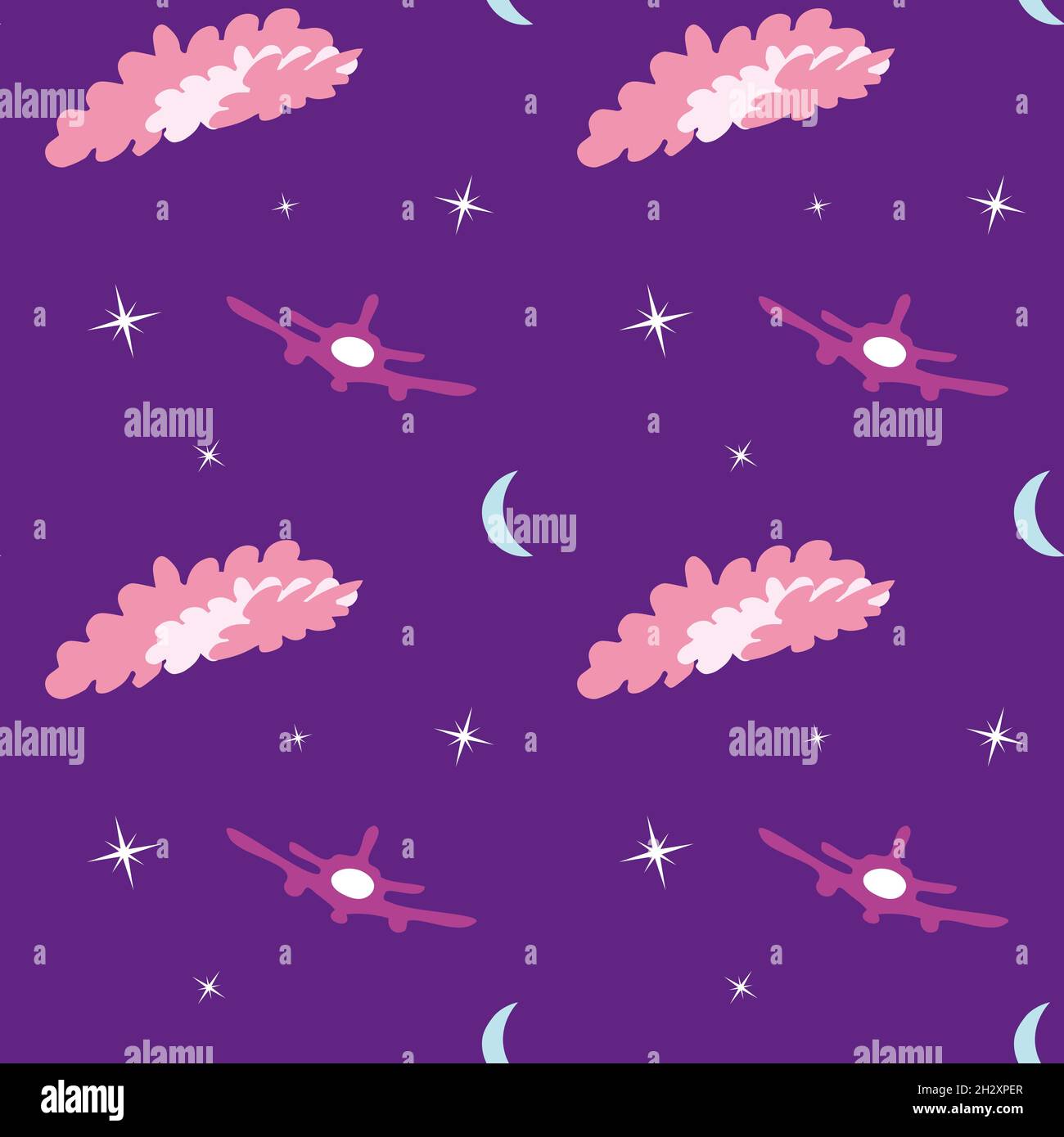 Motif sans couture avec lune, étoiles, avion et nuages.Fond violet. Illustration de Vecteur