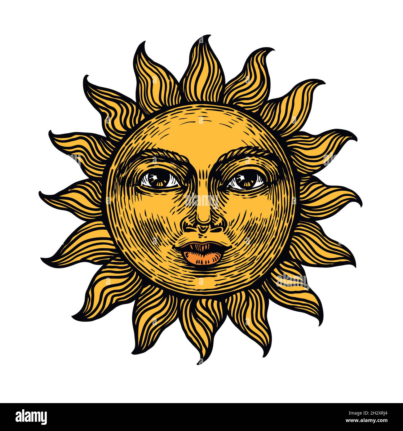 Illustration du vecteur de gravure d'esquisse de couleur de face avec un soleil Illustration de Vecteur