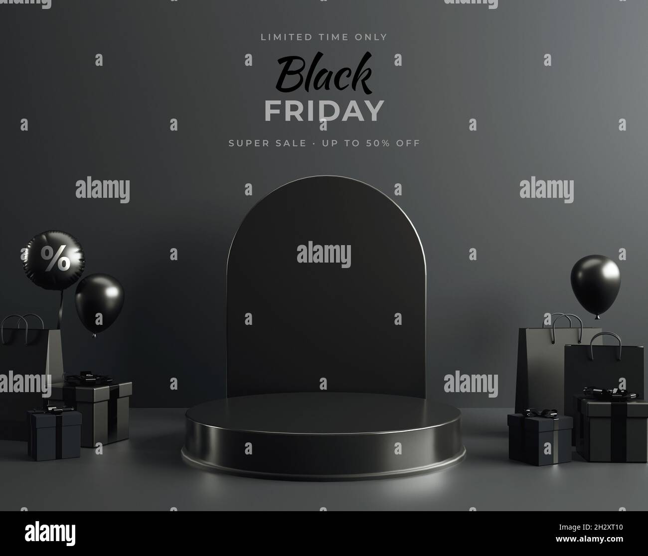 Pied de podium noir complet avec substance sombre pour le Black Friday, présentation en rendu 3D.Plate-forme élégante pour le marketing promotionnel rabais an Banque D'Images