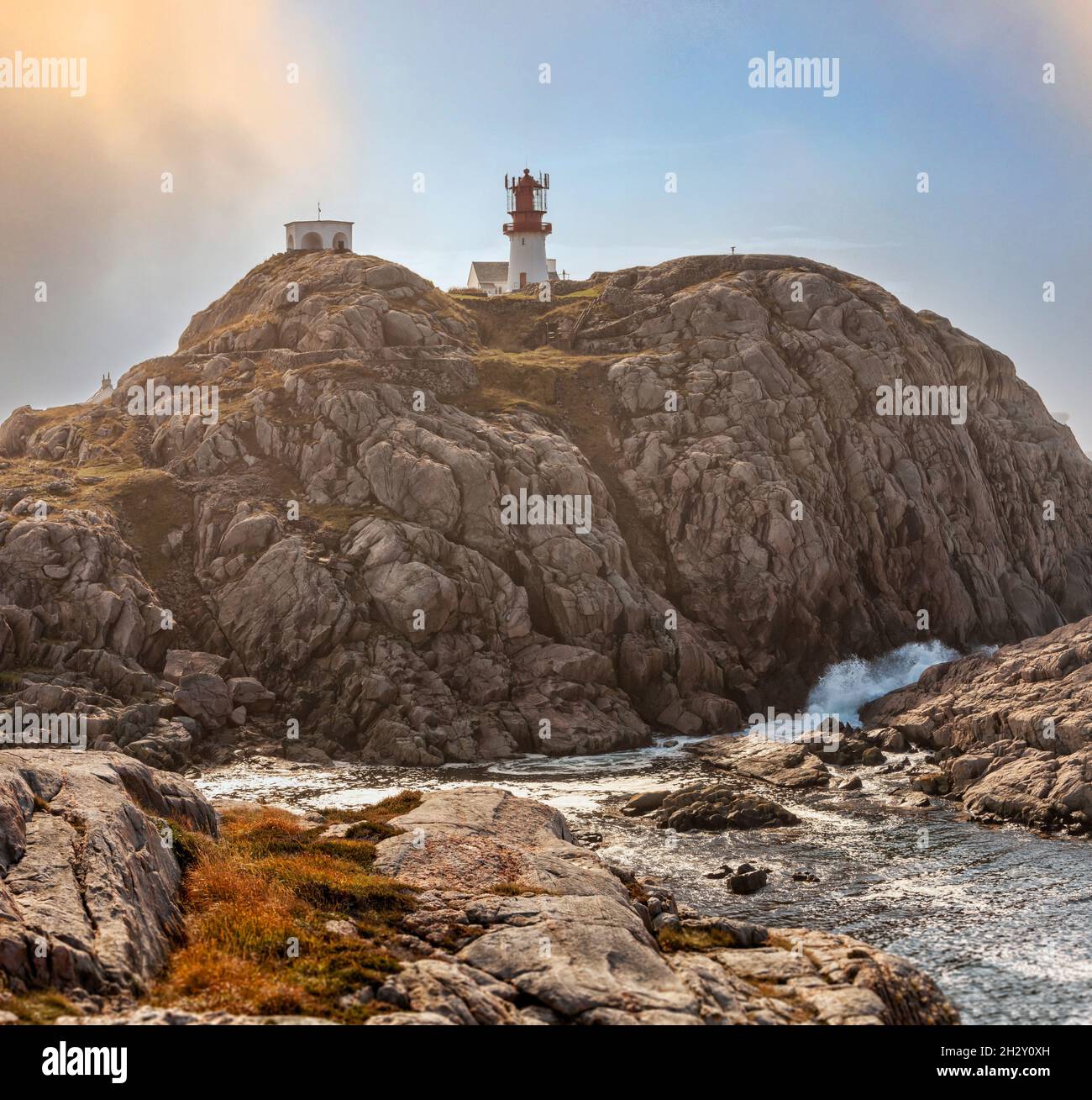 Paysage côtier au phare de Lindesnes, Sea and Rocks, pointe sud de la Norvège continentale Banque D'Images
