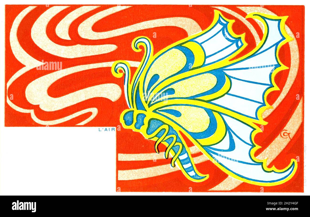 Illustration Gisbert Combaz - carte postale représentant l'élément Air. Banque D'Images