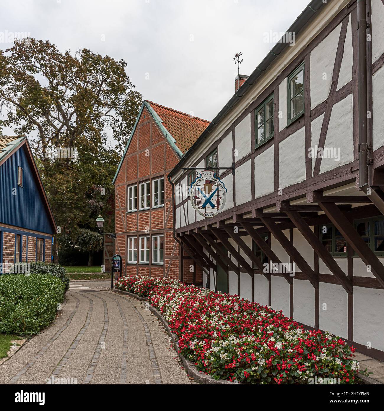 Maisons à colombages et fleurs rouges à Ystads frivillige bergnings corpus, Ystad (Suède), 14 septembre 2021 Banque D'Images