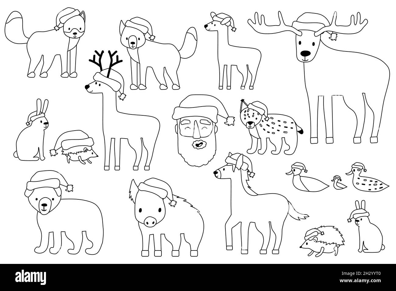 Ensemble d'animaux de Noël à contour blanc noir en chapeaux de Père Noël, visage heureux du Père Noël.Caricature vecteur isolé renard loup ours cub wapiti cerf jachère cerf hed Illustration de Vecteur