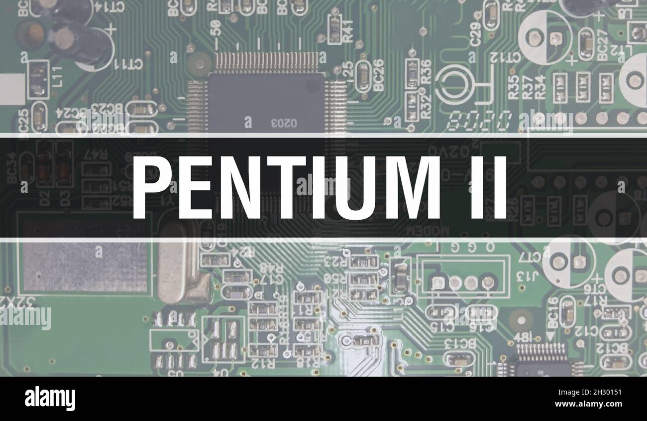 Illustration du concept Pentium II utilisant la puce d'ordinateur dans la carte de circuit imprimé.Pentium II gros plan de l'arrière-plan de la carte à circuits intégrés.Pentium II sur Elect Banque D'Images
