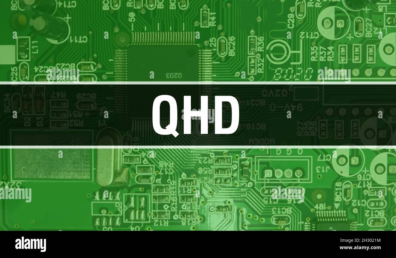 Illustration du concept QHD utilisant la puce d'ordinateur dans la carte de circuit imprimé.Gros plan QHD de la carte de circuits intégrés.QHD sur Electronic Computer Hardwa Banque D'Images