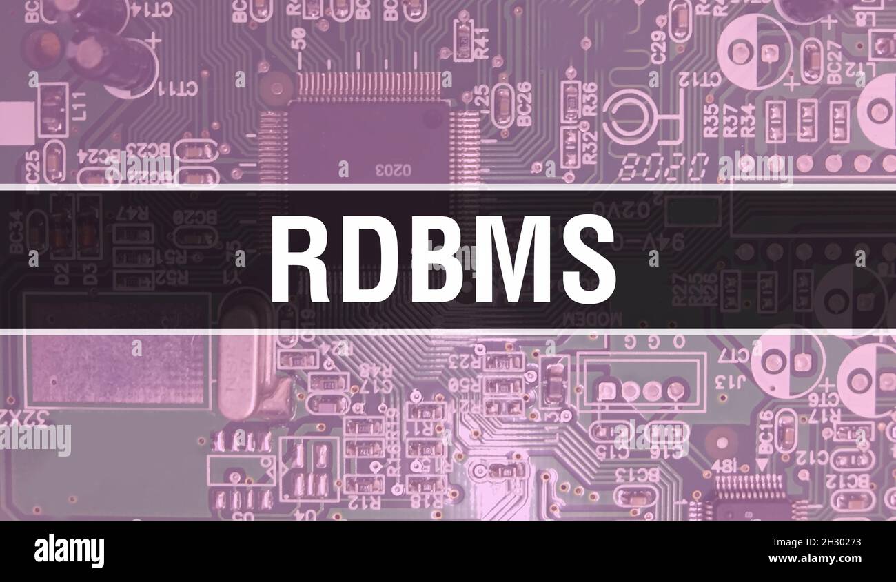 Illustration du concept de SGBDR à l'aide de la puce d'ordinateur dans la carte de circuit imprimé.Gros plan de la carte de circuits intégrés du SGBDR.SGBDR sur ordinateur électronique Banque D'Images