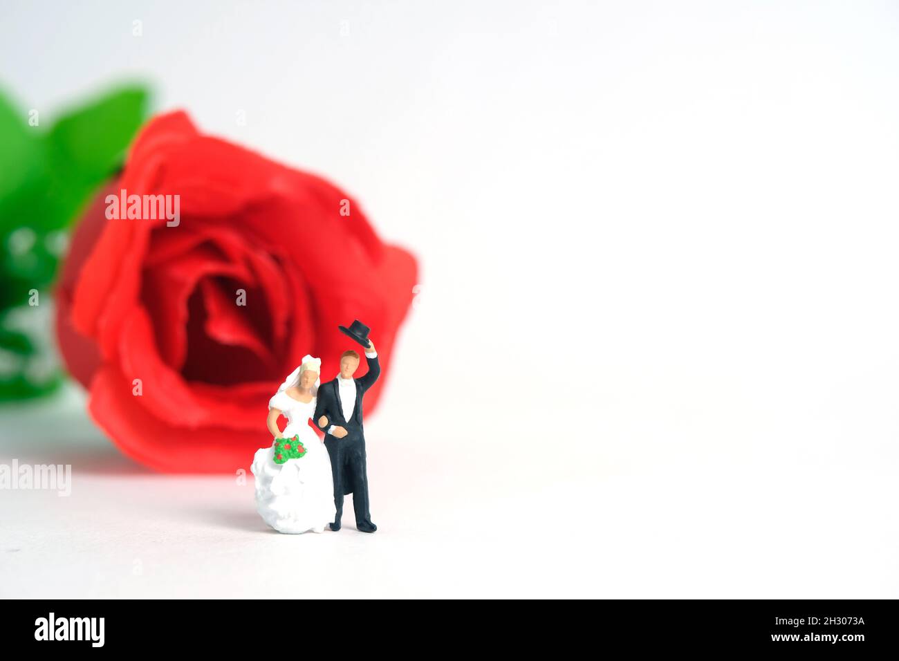 Mariée et marié debout devant une fleur rose rouge isolée sur fond blanc.Photo d'image Banque D'Images