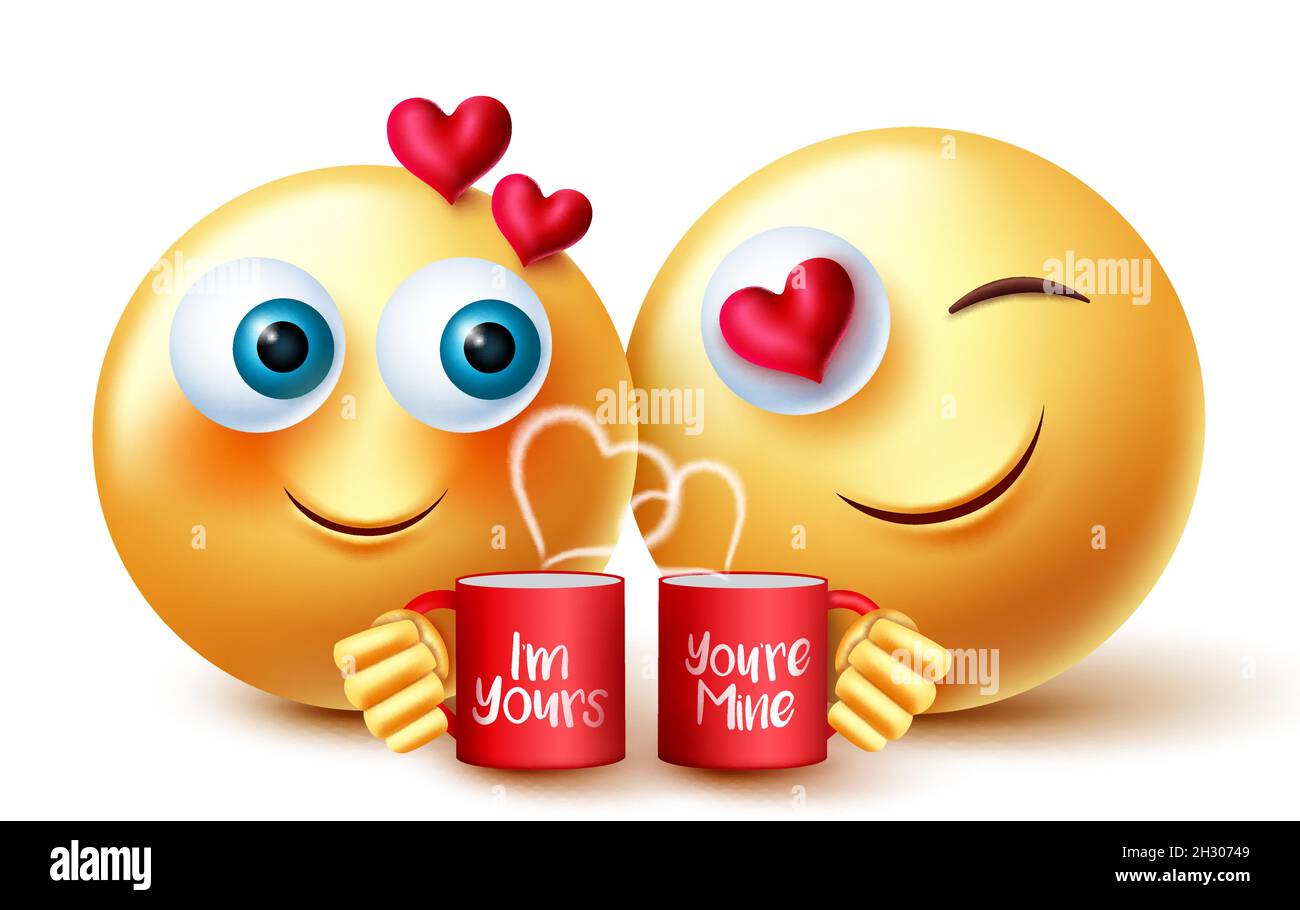 Smileys Valentins Amoureux De La Conception De Vecteur Smiley 3d Emoji Personnage Inlove Tenant Une Tasse De Cafe Avec Des Sentiments Romantiques Expression Pour L Amour Valentin Image Vectorielle Stock Alamy