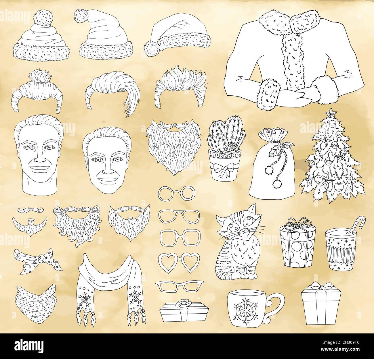 Créez votre boxer moderne à motif Père Noël.Ensemble avec tête, barbe, cheveux, moustache.Refroidir le constructeur du Père Noël.Illustration vectorielle avec Chr Illustration de Vecteur