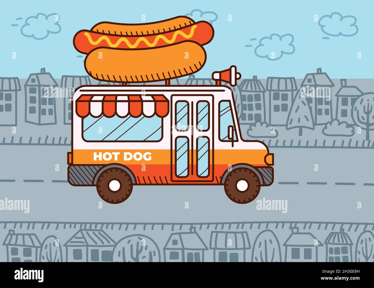 Minibus Hot Dog dans la ville.Camion alimentaire Illustration de Vecteur