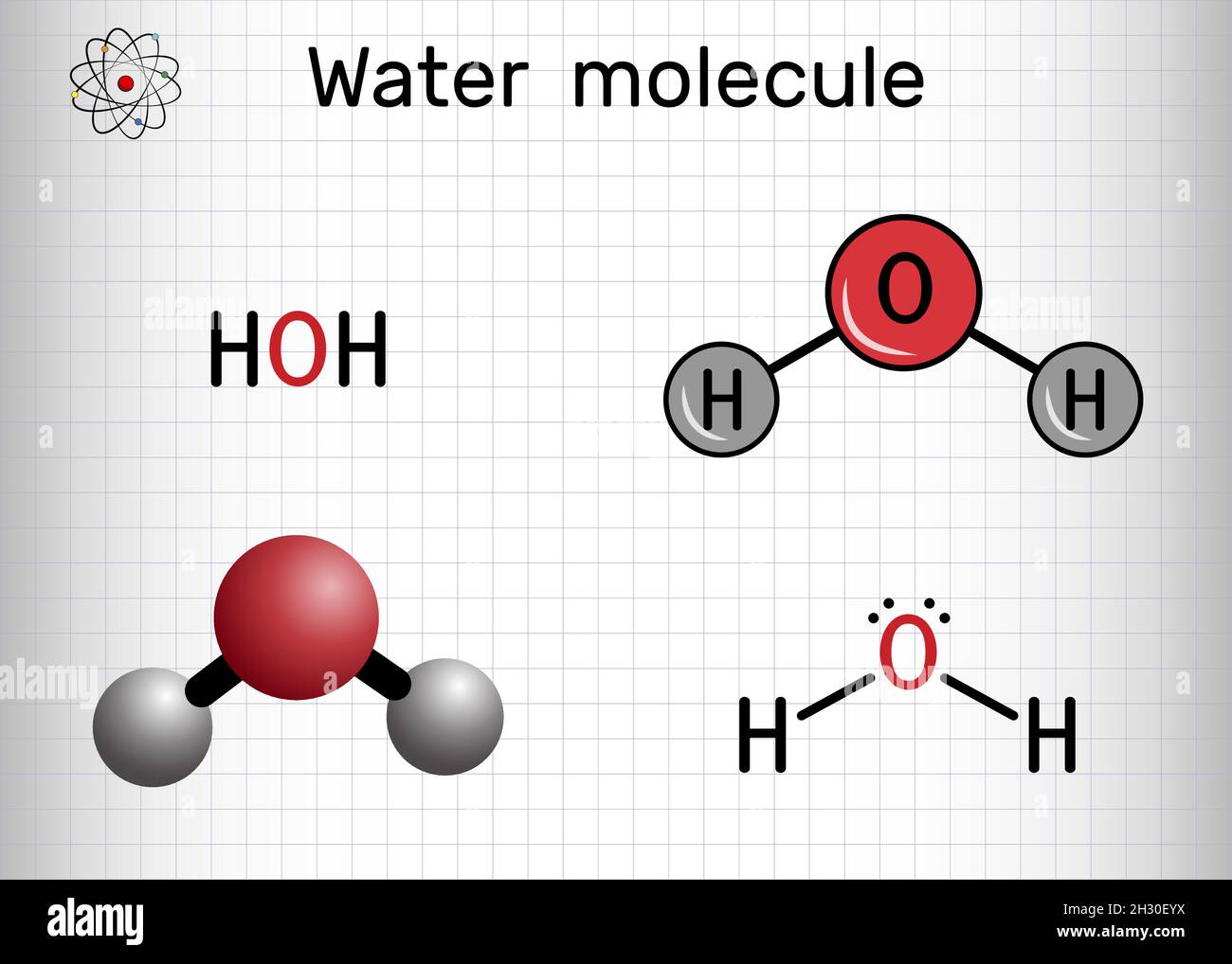 Eau , H2O, molécule HOH.Il s'agit d'un composé hydroxy inorganique, un hydrure d'oxygène composé d'un atome d'oxygène et de deux atomes d'hydrogène.Feuille de papier dans un c Illustration de Vecteur