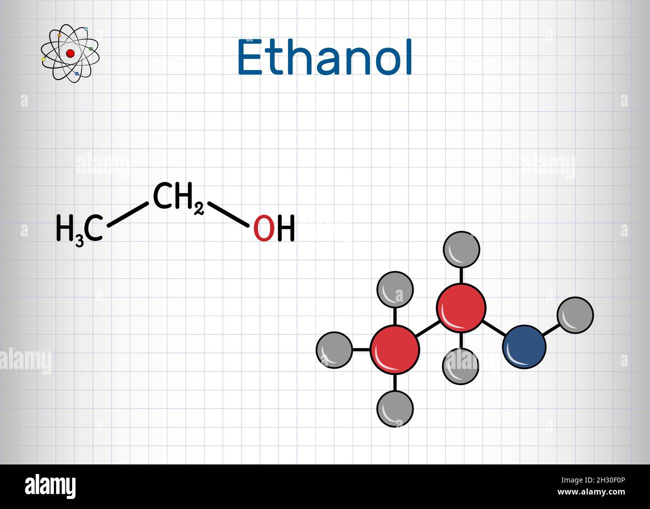 Éthanol, molécule C2H5OH.C'est un alcool primaire, un alcool alkyle.Formule chimique structurelle et modèle moléculaire.Feuille de papier dans une cage.Vecteur Illustration de Vecteur