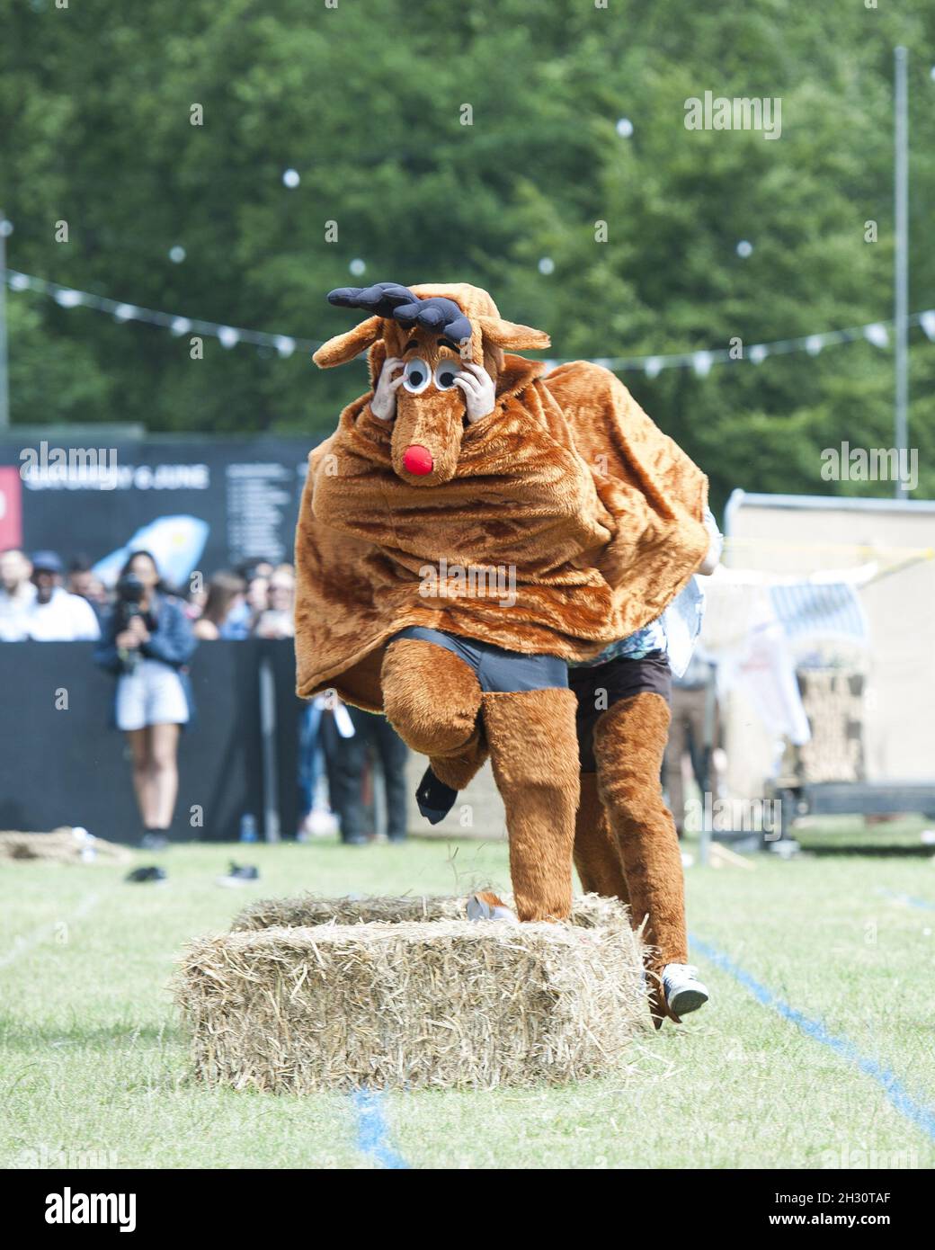 Les festivaliers participent à la course hippique pantomime le 1er jour de Field Day, Victoria Park - Londres Banque D'Images