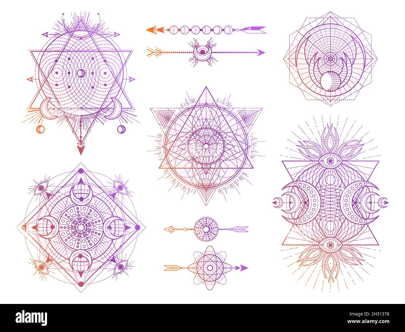 Ensemble vectoriel de symboles de géométrie sacrée avec lune, œil et flèches sur fond blanc.Collection de signes mystiques abstraits.Formes linéaires colorées.Pour vous Illustration de Vecteur