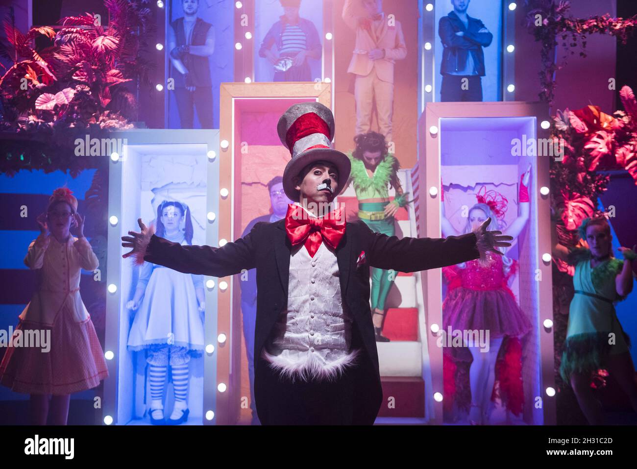 Marc Pickering comme chat dans le chapeau sur scène pendant l'appel photo Suessical The musical au Southwark Playhouse, Londres.Date de la photo: Vendredi 23 novembre 2018.Le crédit photo devrait se lire: David Jensen/EMPICS Entertainment Banque D'Images