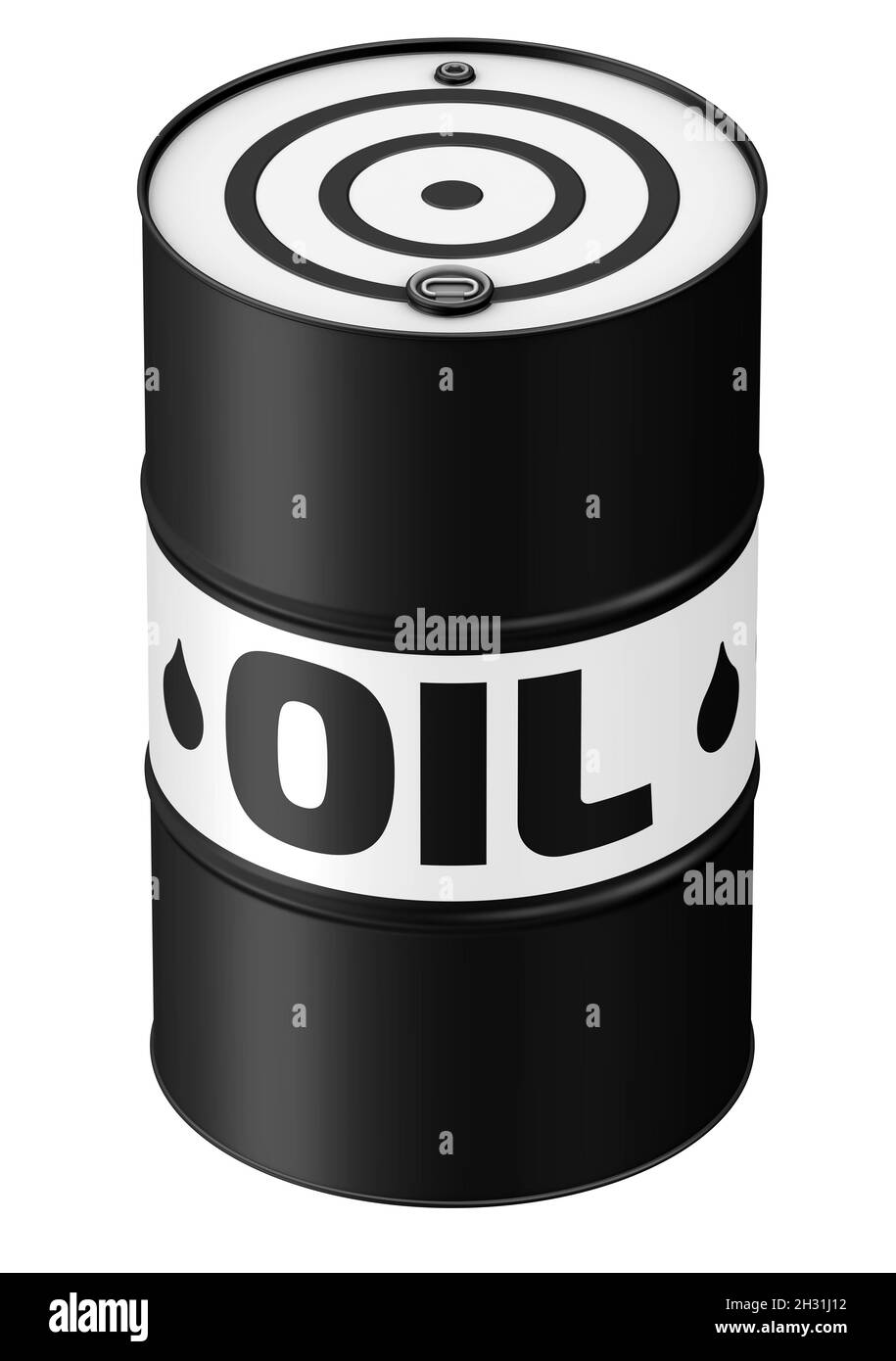 Baril d'huile.Un baril noir et blanc avec le mot HUILE sur une surface blanche.illustration 3d Banque D'Images
