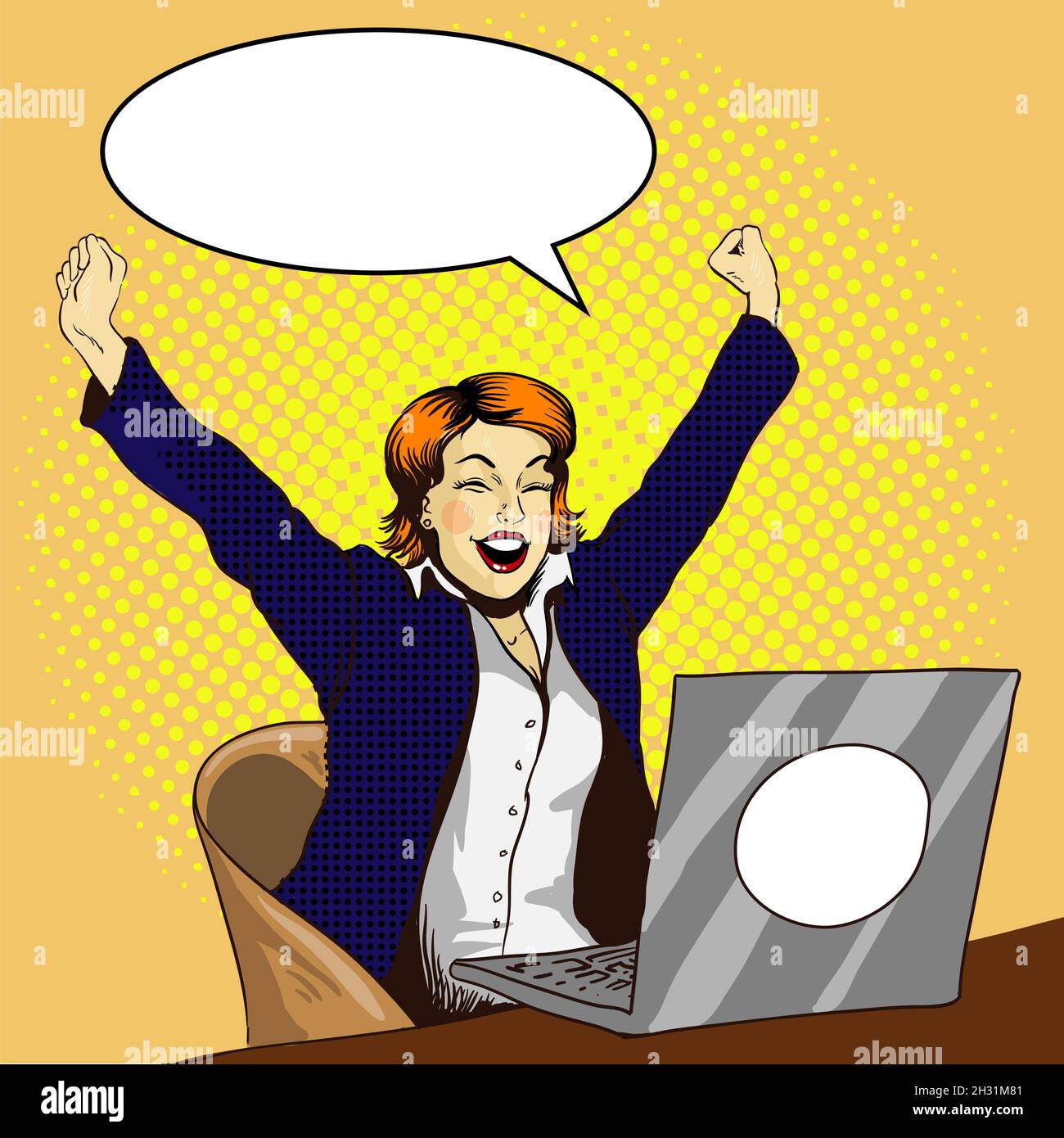 Femme travaille sur ordinateur portable rétro bande dessinée pop art vectoriel illustration.Femme d'affaires au bureau.Concept de travail terminé Illustration de Vecteur