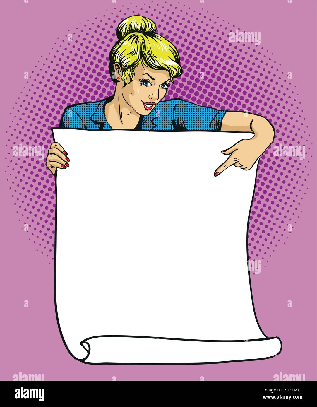 Femme tient une affiche vierge en papier blanc.Illustration vectorielle style rétro de la bande dessinée pop art.Mettez votre propre modèle de texte Illustration de Vecteur