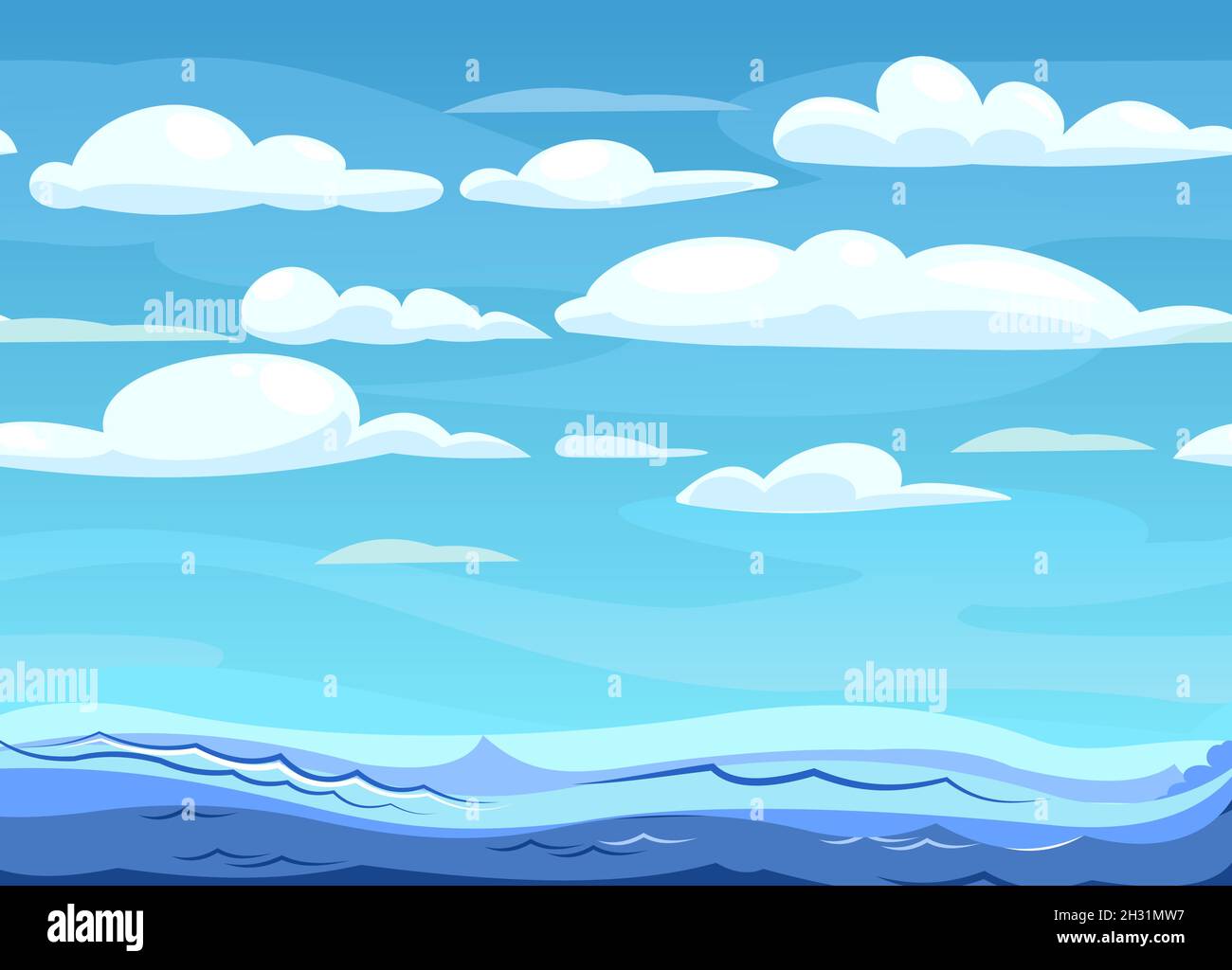 Paysage marin.Horizon de la mer bleue.Illustration de style dessin animé.Vent et grandes vagues.Vecteur. Illustration de Vecteur