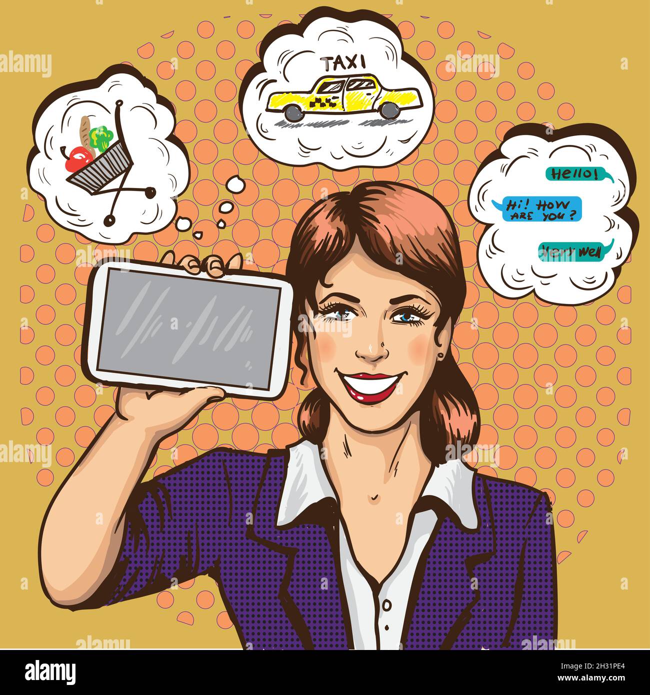 Belle femme avec smartphone comic pop art illustration vectorielle.Fille tenant un gros smartphone dans sa main Illustration de Vecteur