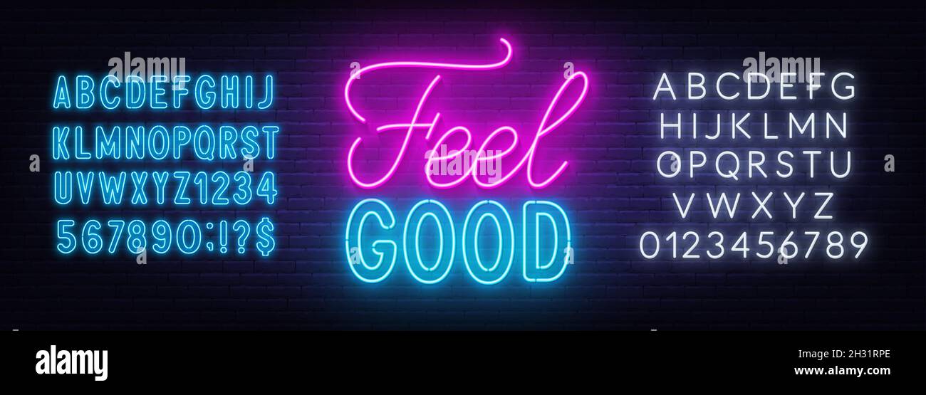 Sentez le bon lettrage au néon sur le fond du mur de briques.Panneau lumineux inspirant.Alphabet bleu néon et blanc. Illustration de Vecteur