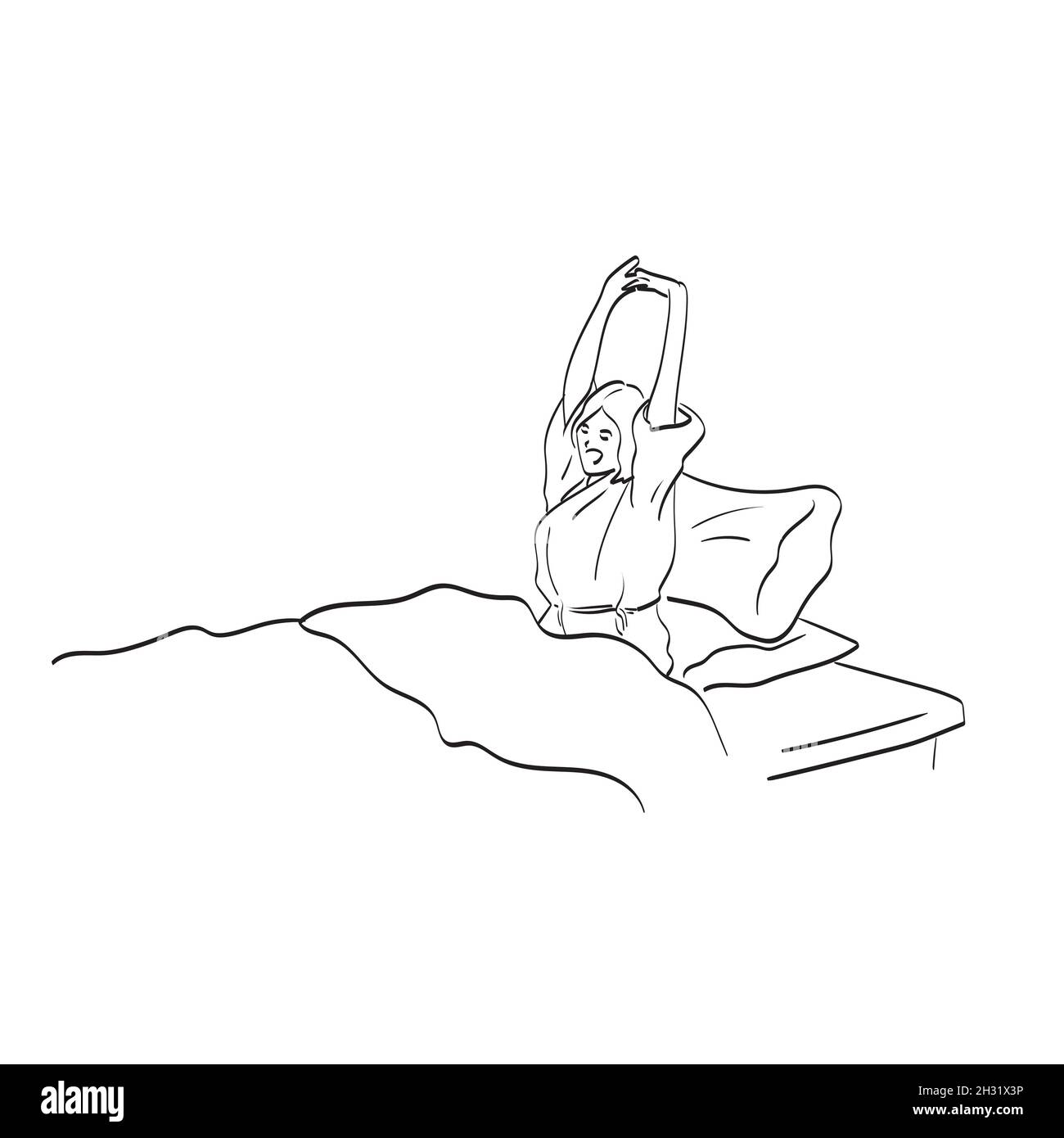 line art femme s'étirant dans le lit avec ses bras relevé illustration vecteur isolé sur fond blanc ligne art. Illustration de Vecteur