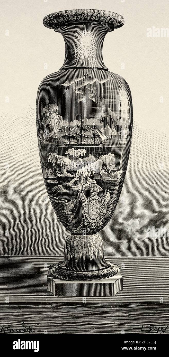 Vase commémorant le voyage du Dr Nils Adolf Erik Nordenskiold (1832-1901) était un aristocrate, géologue, minéralogiste et explorateur de l'Arctique finno-suédois. Il a dirigé l'expédition Vega le long de la côte nord de l'Eurasie en 1878-1879. Ancienne illustration gravée du XIXe siècle de la Ilustración Artística 1882 Banque D'Images