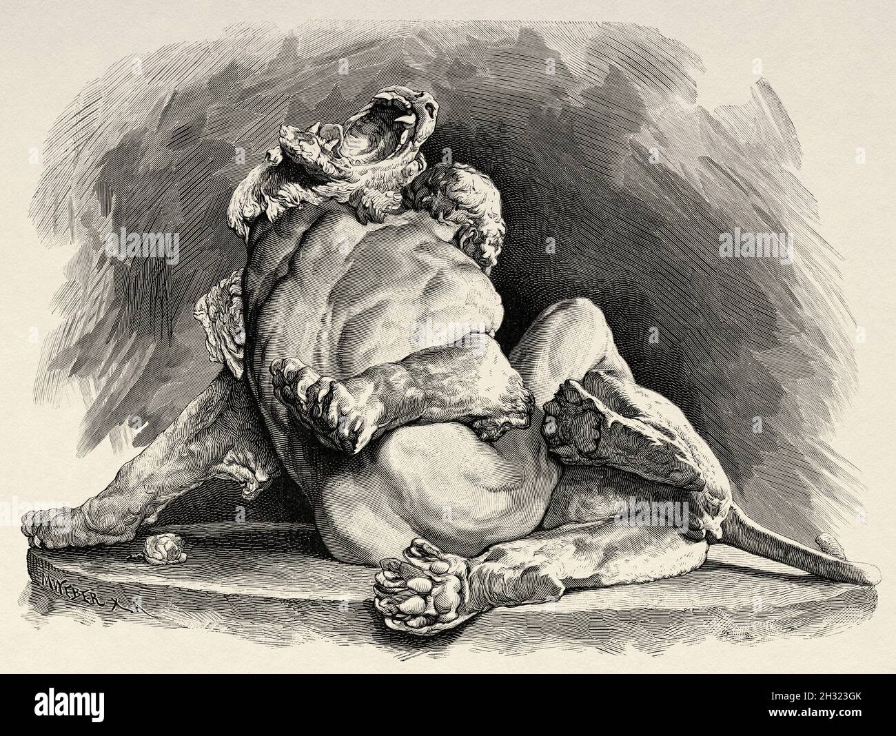 Sculpture d'un esclave allemand combattant un lion dans le cirque de Rome, bronze par M Klein. Ancienne illustration gravée du XIXe siècle de la Ilustración Artística 1882 Banque D'Images