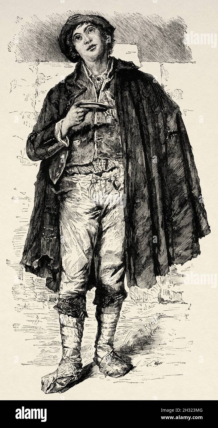 Savoyard Beggar, peinture de Rudolf Rossler (1864-1934) est un peintre de genre autrichien. Ancienne illustration gravée du XIXe siècle de la Ilustración Artística 1882 Banque D'Images