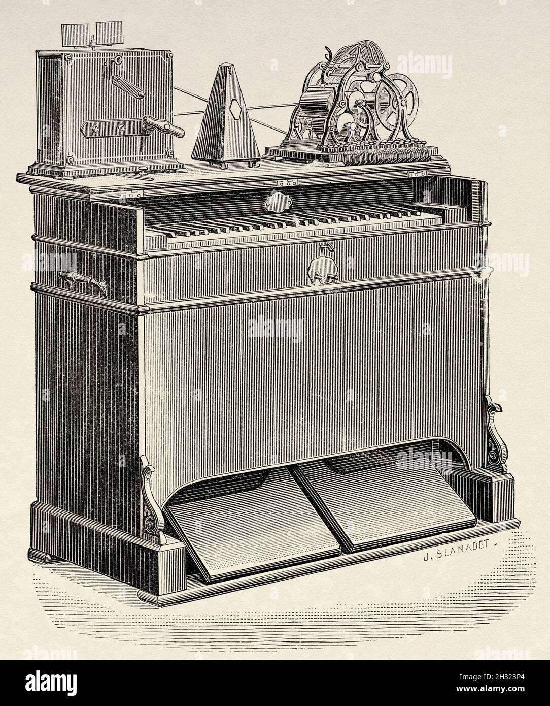 Le mélographe de l'enregistrement de musique placé sur un orgue par M. Roncalli. Ancienne illustration gravée du XIXe siècle de la Ilustración Artística 1882 Banque D'Images