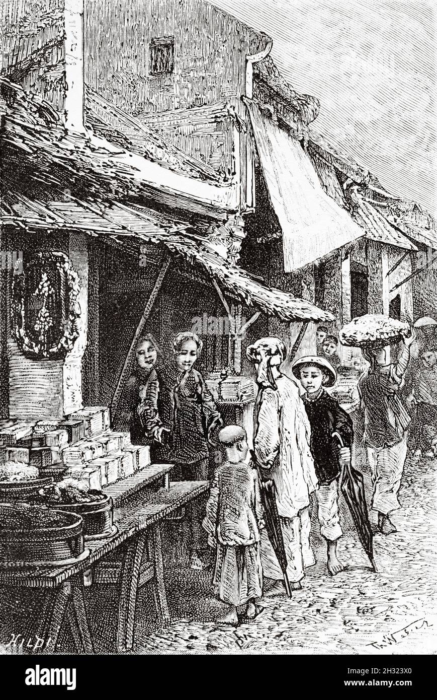 Magasins de confiserie, Hanoï, Vietnam.Asie.Illustration gravée du XIXe Siècle Une campagne à Tonkin de Charles Edouard Hocquard du Tour du monde 1889 Banque D'Images