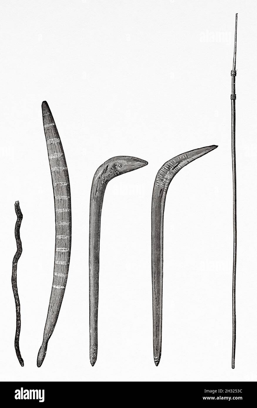 Armes des Indiens d'Australie.Queensland, Australie.Ancienne illustration gravée du XIXe siècle, Voyage en Australie du Nord-est par Carl Lumholtz 1880-1884 du Tour du monde 1889 Banque D'Images