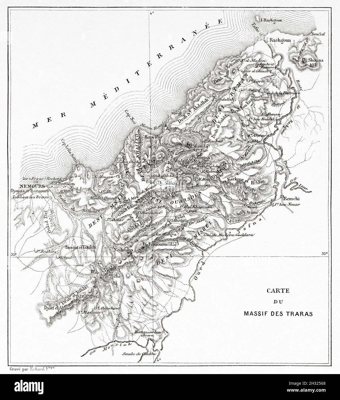 Carte de la chaîne de montagnes de Traras, Nord-Ouest de l'Algérie, Afrique.Ancienne illustration gravée du XIXe siècle, six mois avec la tribu Traras Berber à Oran par Charles de Mauprix,1888 du Tour du monde 1889 Banque D'Images