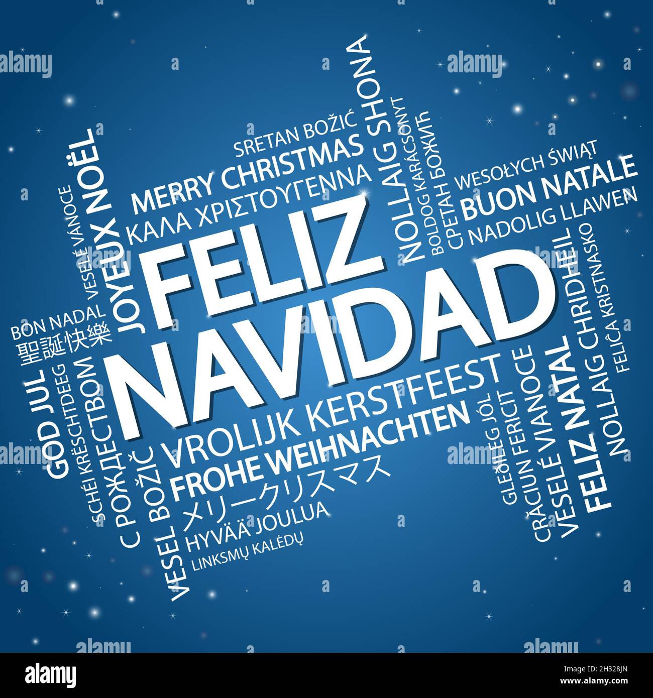 Nuage de mots avec texte Joyeux Noël en différentes langues, au milieu d'un immense et bold écrit en espagnol Illustration de Vecteur