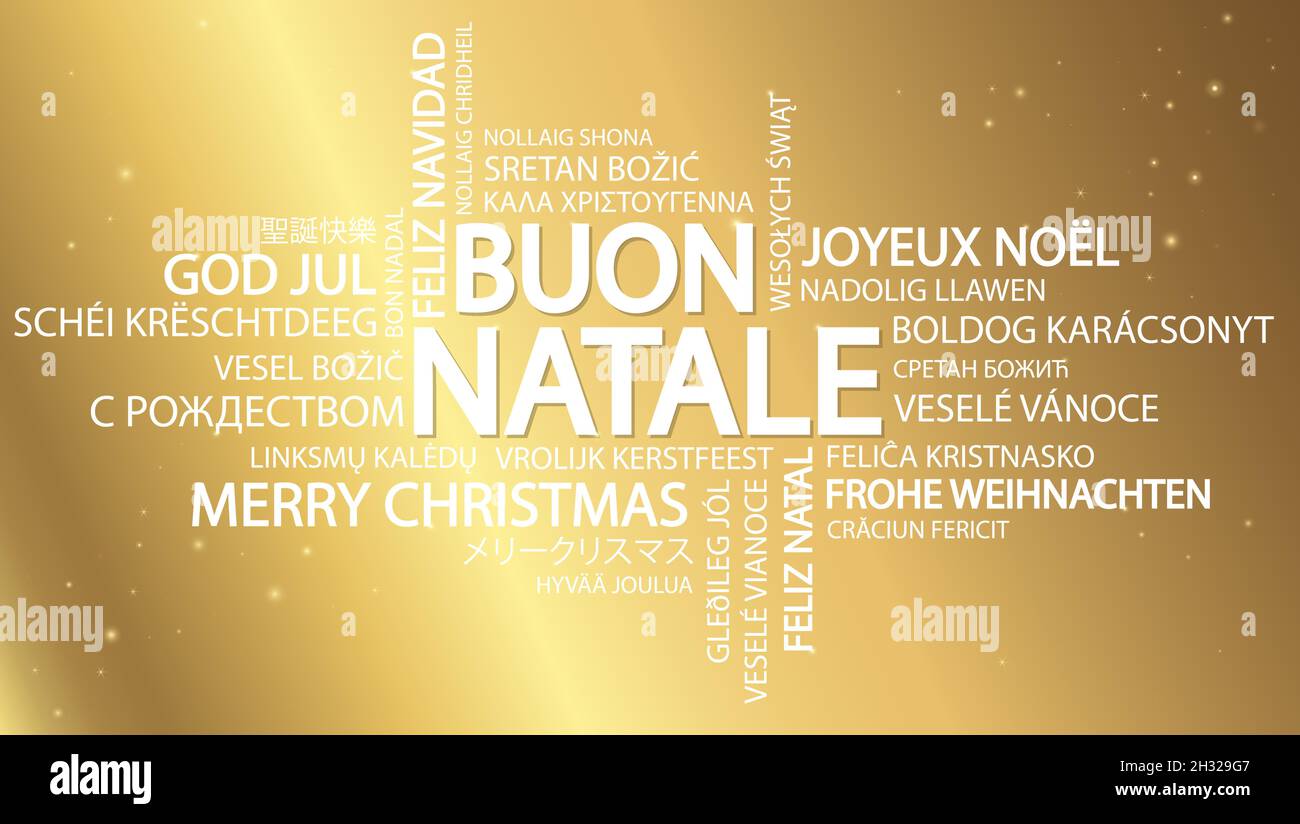 Nuage de mots avec texte Joyeux Noël en différentes langues, au milieu d'un immense et bold écrit en italien Illustration de Vecteur