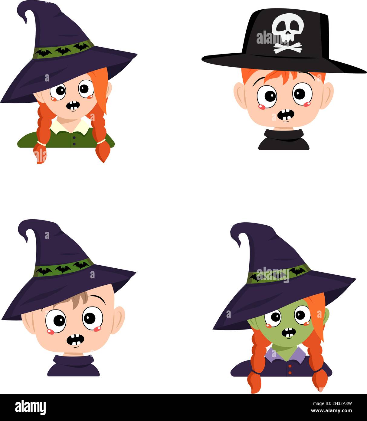 Ensemble de fille, garçon et bébé avec peau blanche et verte, cheveux rouges, panique des émotions, visage surpris, yeux choqués dans chapeau de sorcière avec chauves-souris.Chef d'enfant.Décoration de fête d'Halloween Illustration de Vecteur