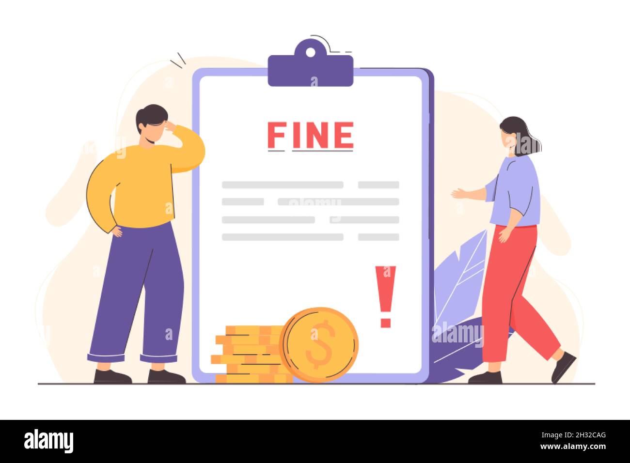 Les personnes plates obtiennent la feuille de papier avec fine.Homme et femme payant la facture de circulation, les taxes ou les frais de stationnement.Pénalité de l'argent, de la dette ou de la peine financière de la police. Illustration de Vecteur