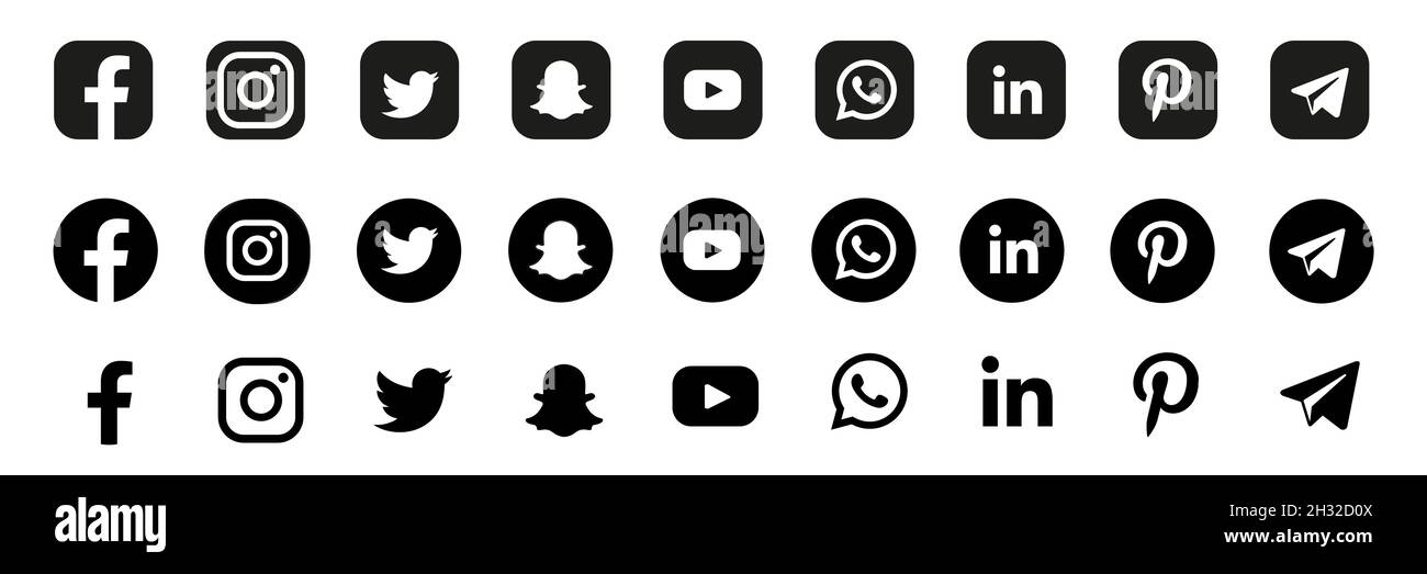 Facebook, twitter, instagram, youtube, snapchat,pinterest, whatsap, linkedin, periscope, vimeo - Collection du logo populaire des médias sociaux. Illustration de Vecteur