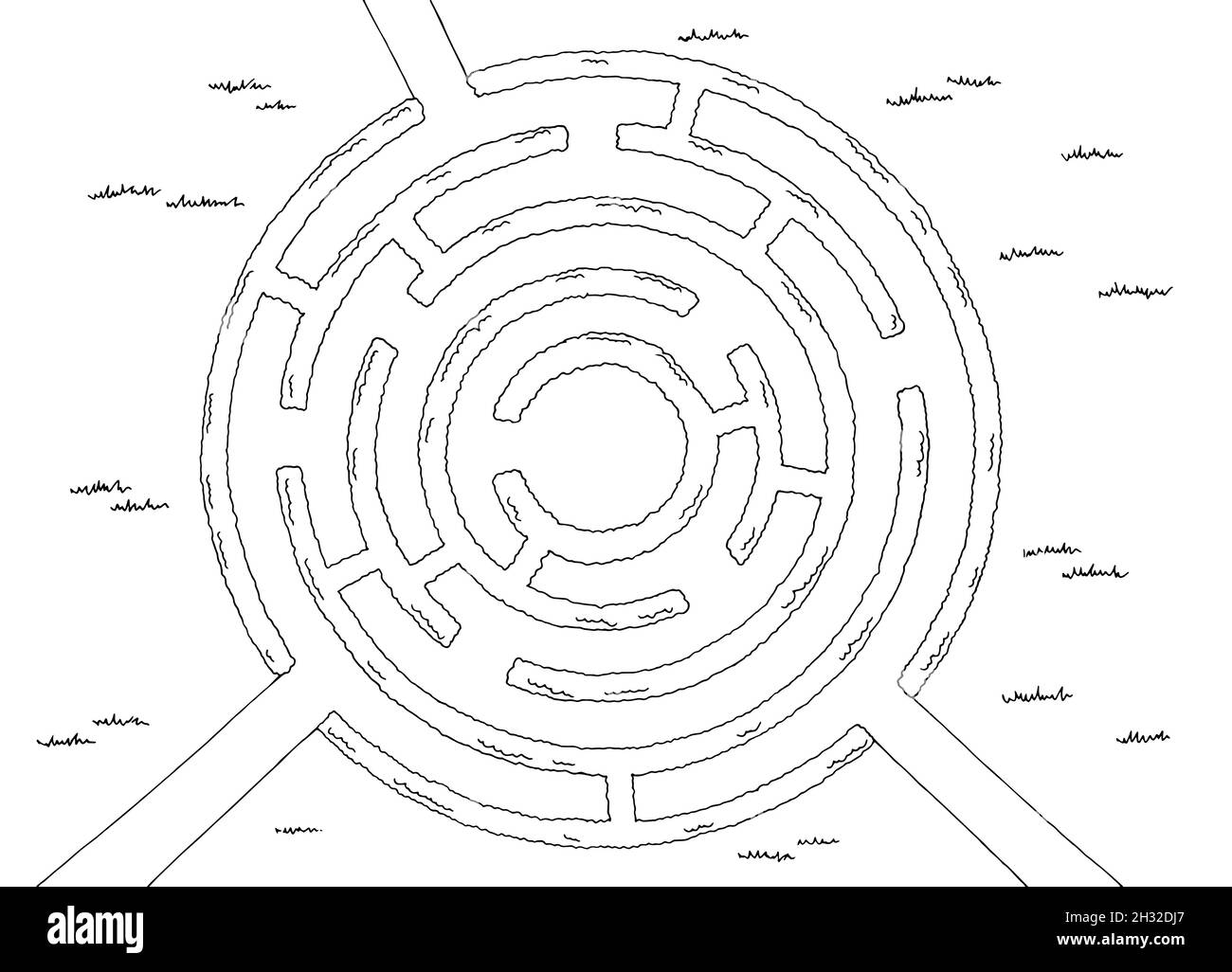 Jardin labyrinthe Bush graphique rond noir blanc esquisse haut vue aérienne illustration vecteur Illustration de Vecteur