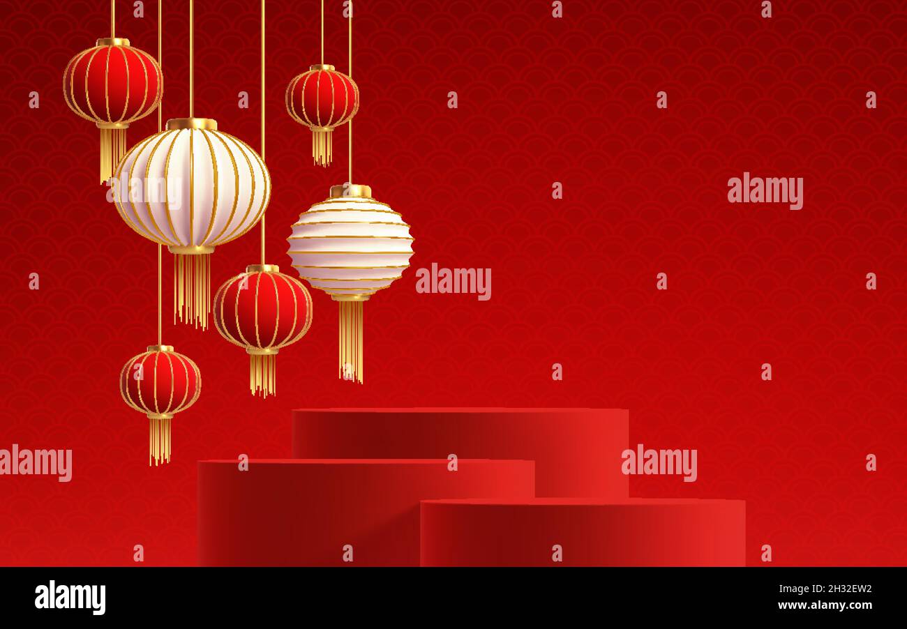 Arrière-plan de la nouvelle année chinoise avec podium de produit rouge 3d réaliste et lanternes de papier chinois rouge.Illustration vectorielle Illustration de Vecteur
