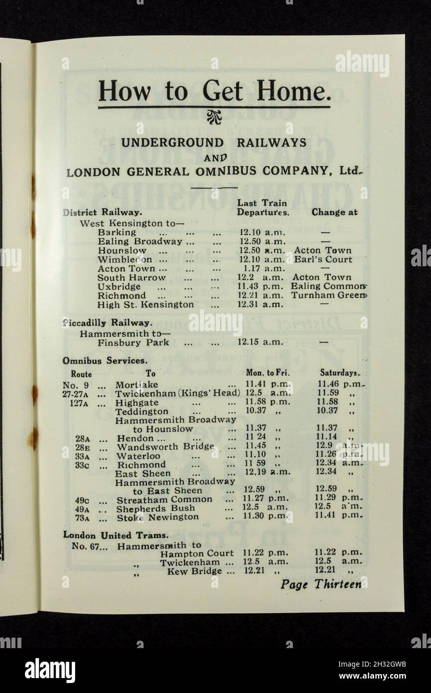 'Comment se rendre à la maison' par les conseils de transport en commun dans le programme quotidien 1920s pour l'Olympia Dance Hall, saison 1927-28 (réplique). Banque D'Images
