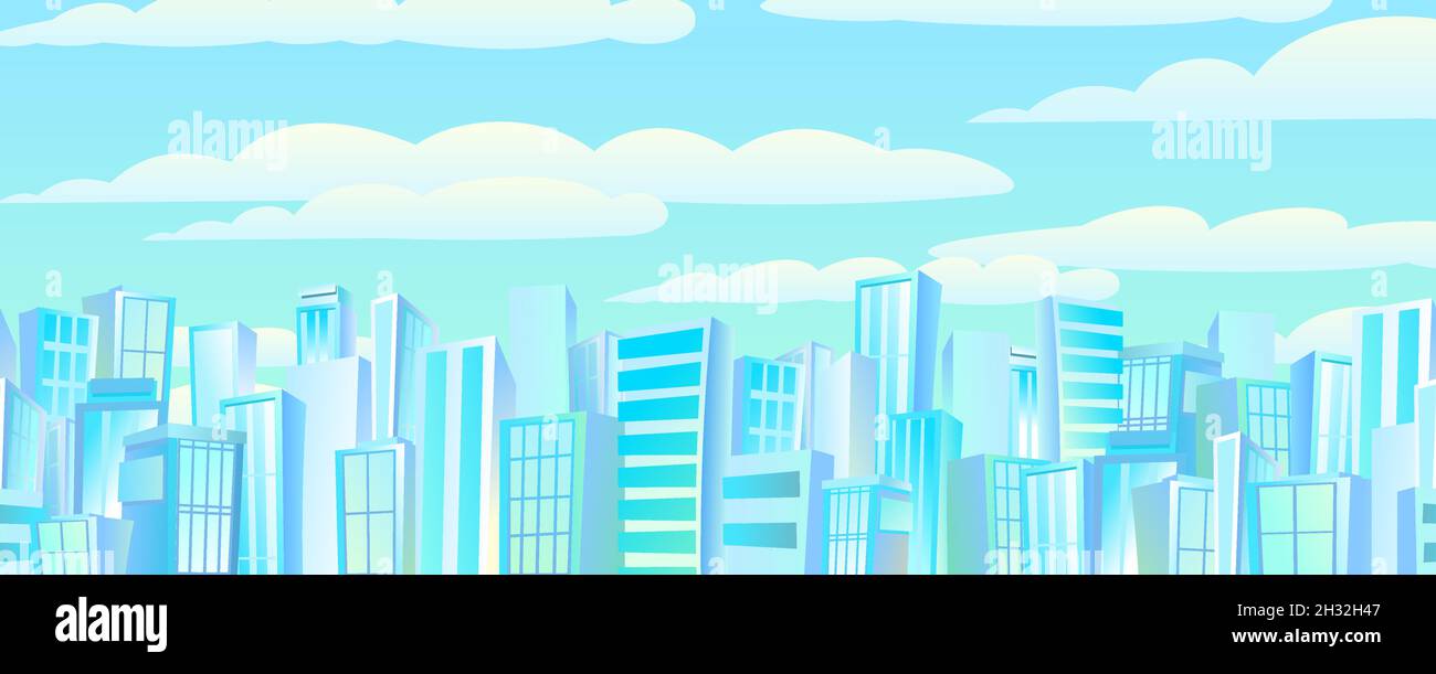 Grande ville de loin.Gratte-ciel et grands bâtiments.Illustration de style dessin animé à plat.Paysage urbain bleu paysage urbain.Composition horizontale.Vecteur. Illustration de Vecteur