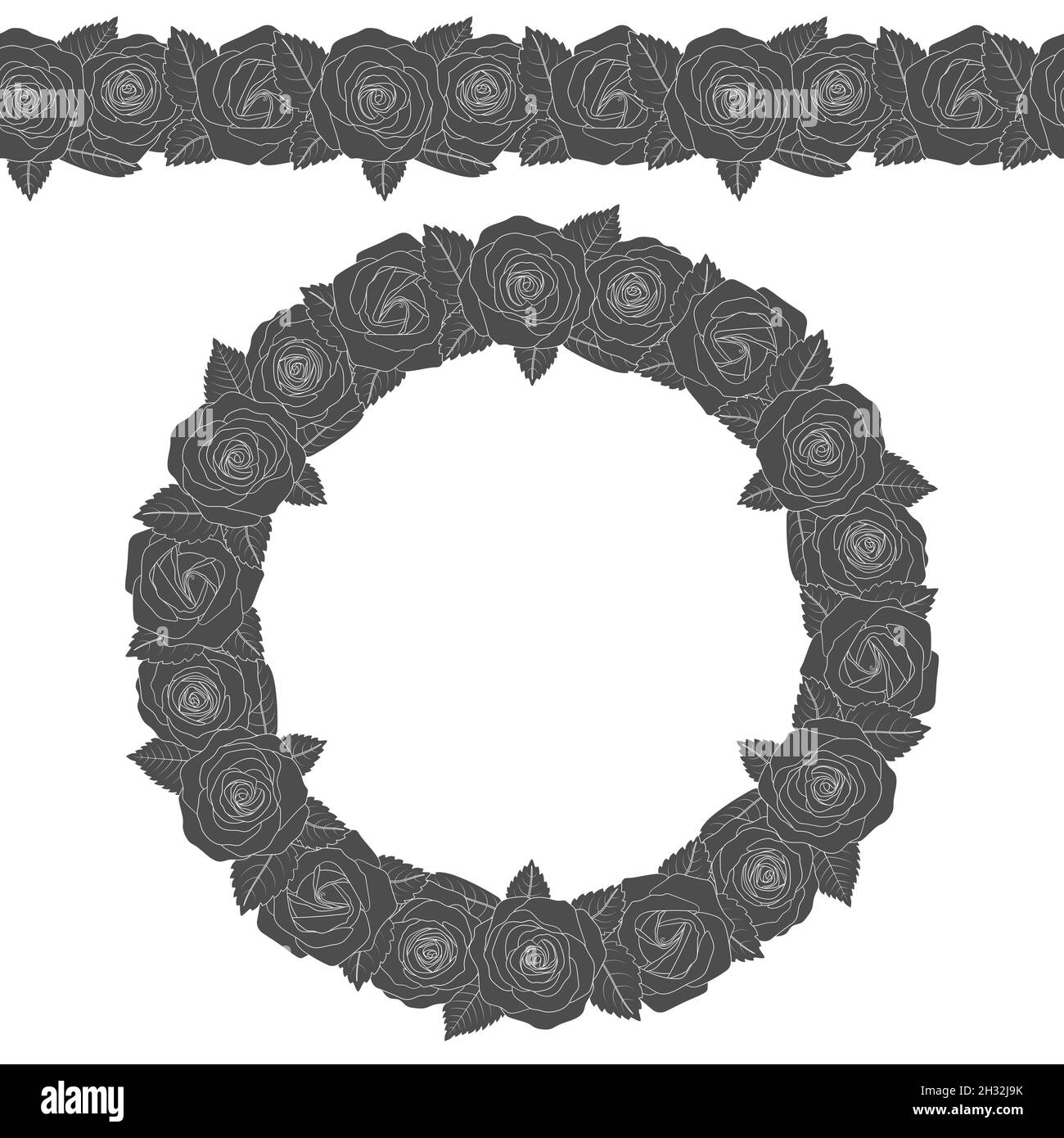 Illustration noire et blanche d'une couronne ronde et d'un motif de roses sans couture.Objet vectoriel isolé sur fond blanc. Illustration de Vecteur