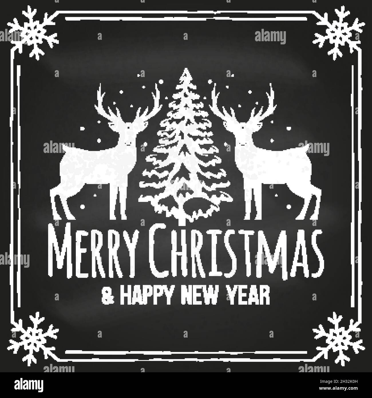 Joyeux Noël et bon timbre du nouvel an, ensemble d'autocollants avec élan, paysage forestier, arbre de noël.Sur le tableau de surveillance.Motif typographique vintage Illustration de Vecteur
