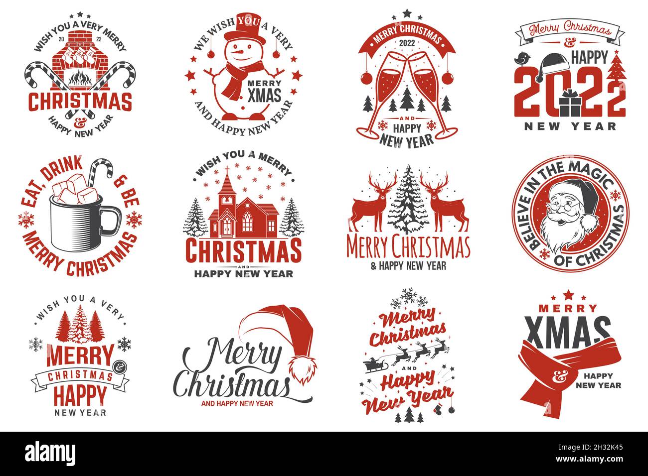 Lot de Merry Christmas et 2022 timbres du nouvel an heureux, ensemble d'autocollants citations avec flocons de neige, bonhomme de neige, père noël, bonbons, sucreries,cookies.Vecteur Illustration de Vecteur