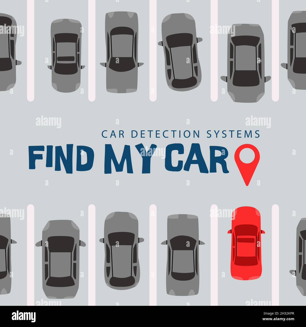 Trouver ma voiture.Systèmes de détection de véhicules.Vue de dessus d'un parking avec voitures.Balise géographique pointant vers le véhicule.Vecteur eps 10. Illustration de Vecteur