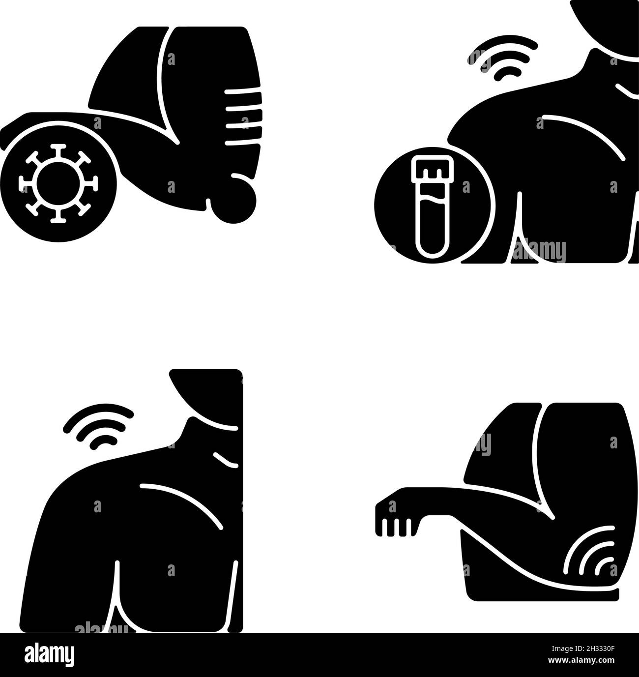 Icônes de glyphe noir de douleur d'épaule et de coude sur l'espace blanc Illustration de Vecteur