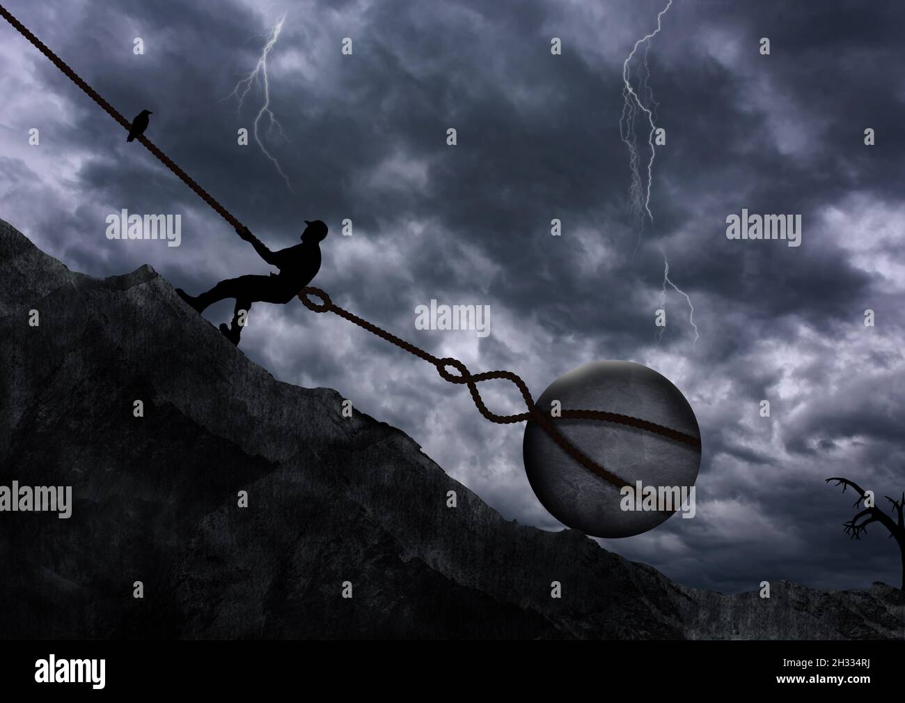 L'homme tire en montant Un Big Rock avec chaîne devant le coucher du soleil . Personne homme tirant vers le haut de la colline Une pierre circulaire vers le haut de l'entretien. Concept surréaliste, travail dur Banque D'Images L'homme tire en montant Un Big Rock avec chaîne devant le coucher du soleil . Personne homme tirant vers le haut de la colline Une pierre circulaire vers le haut de l'entretien. Concept surréaliste, travail dur Banque D'Images