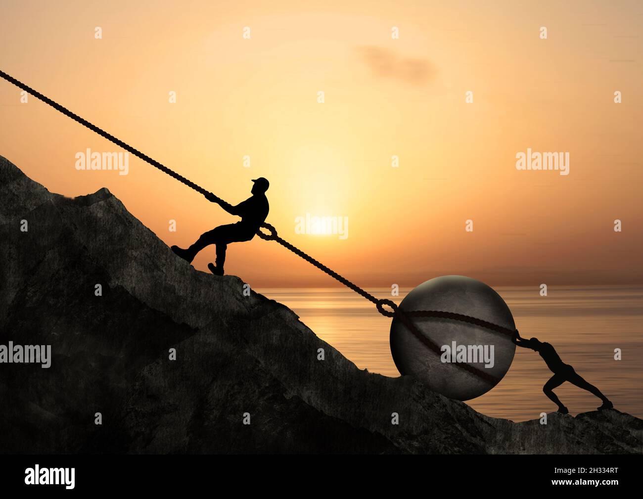 L'homme tire en montant Un Big Rock avec chaîne devant le coucher du soleil . Personne homme tirant vers le haut de la colline Une pierre circulaire vers le haut de l'entretien. Concept surréaliste, travail dur Banque D'Images L'homme tire en montant Un Big Rock avec chaîne devant le coucher du soleil . Personne homme tirant vers le haut de la colline Une pierre circulaire vers le haut de l'entretien. Concept surréaliste, travail dur Banque D'Images