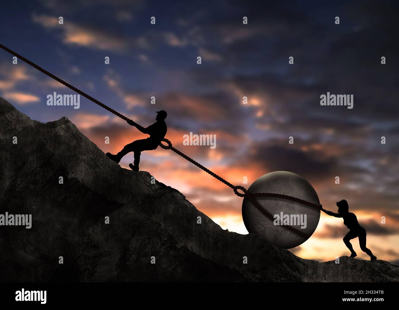 L'homme tire en montant Un Big Rock avec chaîne devant le coucher du soleil . Personne homme tirant vers le haut de la colline Une pierre circulaire vers le haut de l'entretien. Concept surréaliste, travail dur Banque D'Images L'homme tire en montant Un Big Rock avec chaîne devant le coucher du soleil . Personne homme tirant vers le haut de la colline Une pierre circulaire vers le haut de l'entretien. Concept surréaliste, travail dur Banque D'Images